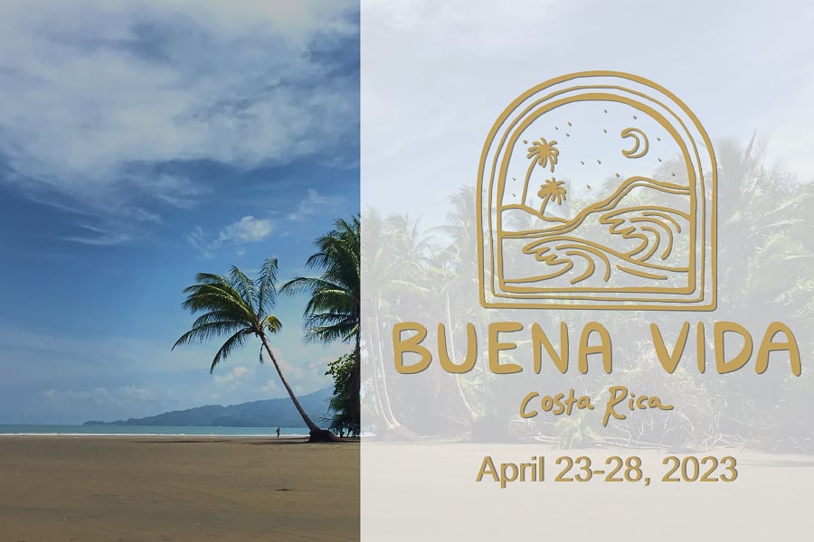 Uvita beach with palm trees and Buena Vida Logo