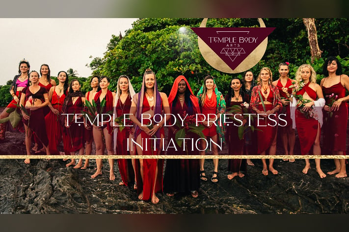 Photo of a group of women dressed in red on the beach with hands over their wombs and text that says Temple Body Priestess Initiation